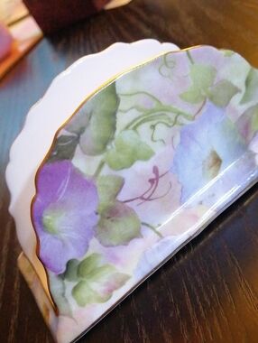 Morning Glory Floral Fine Porcelain Napkin Holder with Gold Trim By Skye McGhie
